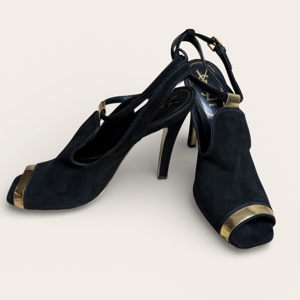 YSL - Black Suede Peep Toe Sling Back Heels - Gold Detail - Sz 40